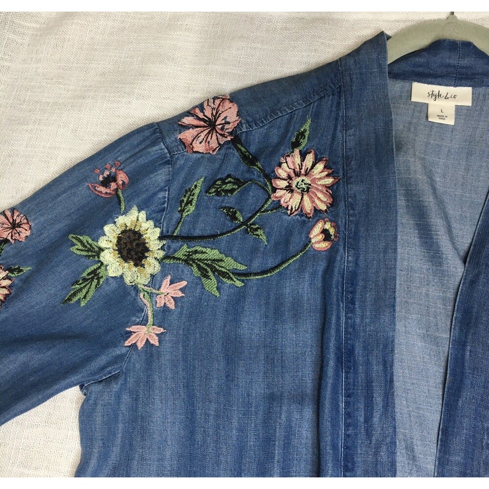 Style & Co Embroidered Chambray Kimono L Open Front  Boho Cottagecore Festival - Picture 12 of 16